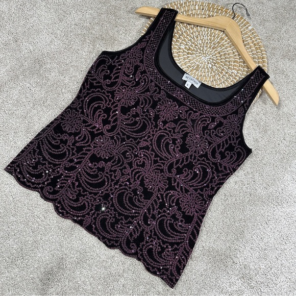 Metaphor Black Purple Sparkly Beaded Sequin Pattern Tank Top Velvet Whimsigoth L - Picture 1 of 11